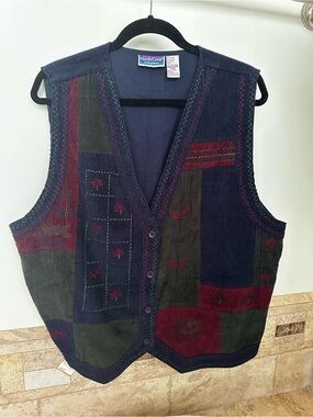 Vintage NorthCrest Patchwork Corduroy Vest - Navy, Olive & Burgundy Cottagecore